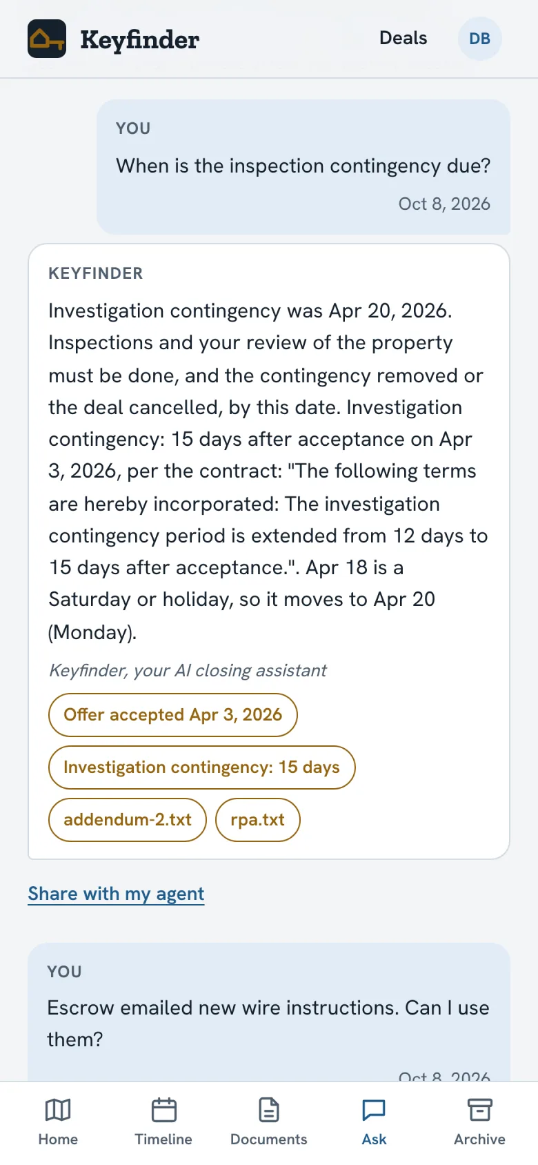 Keyfinder Ask: a cited answer about the investigation contingency date