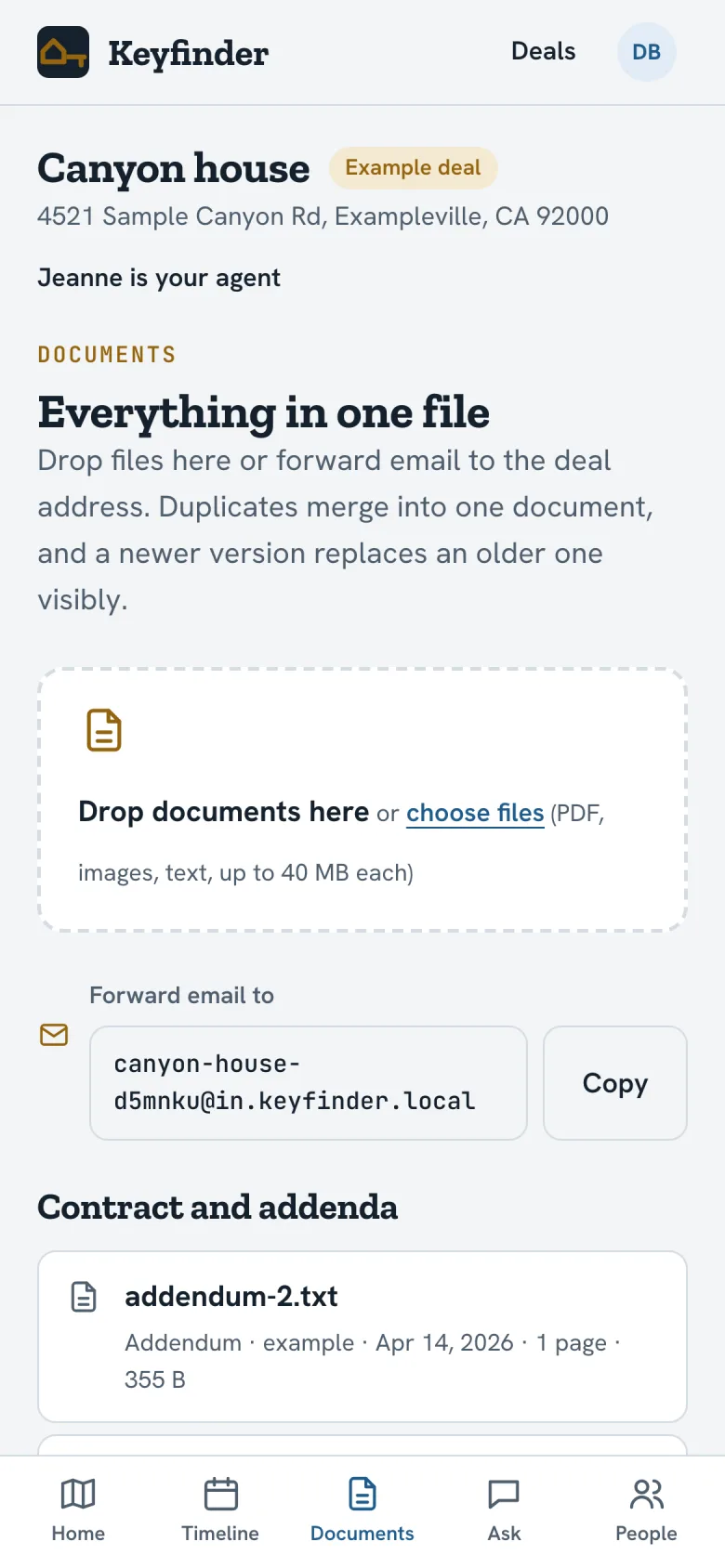 Keyfinder documents: the deal's forwarding address and the contract and addenda